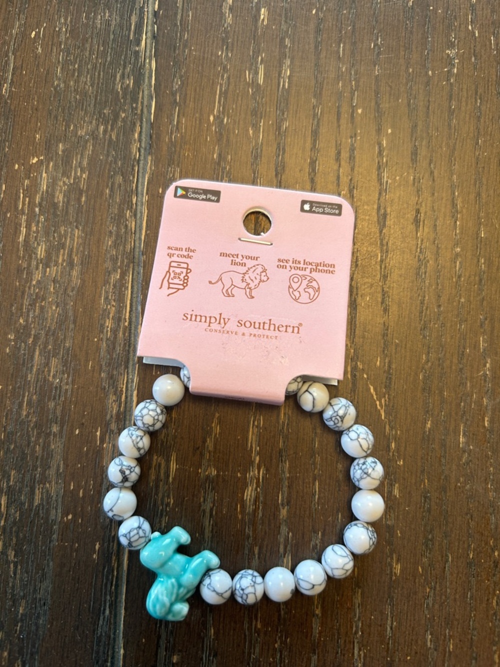 Simply Southern White Marbled Bead Bracelet with Turquoise lion Charm